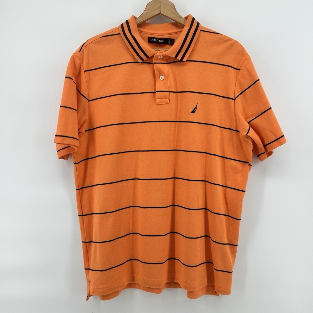 Nautica Polo Shirt Mens L Orange Black‎ Stripe Cotton Short Sleeve Sporty Preppy